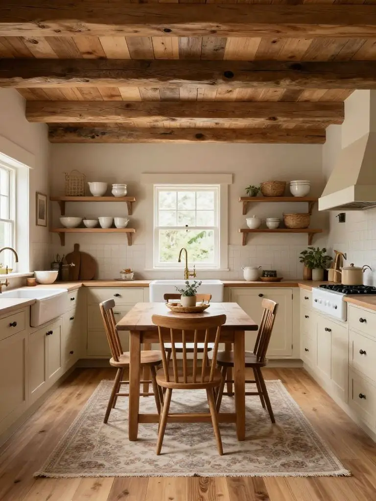 A charming cottage-style rustic kitchen featuring a sloped ceiling clad in reclaimed wood planks with exposed beams.