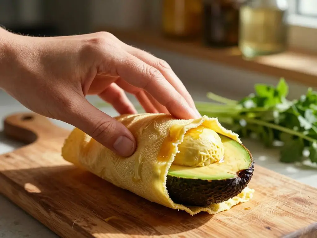 A hyper-detailed, true-to-life photograph shows a hand gently molding a golden beeswax-coated fabric wrap over a half-cut avocado, with the.