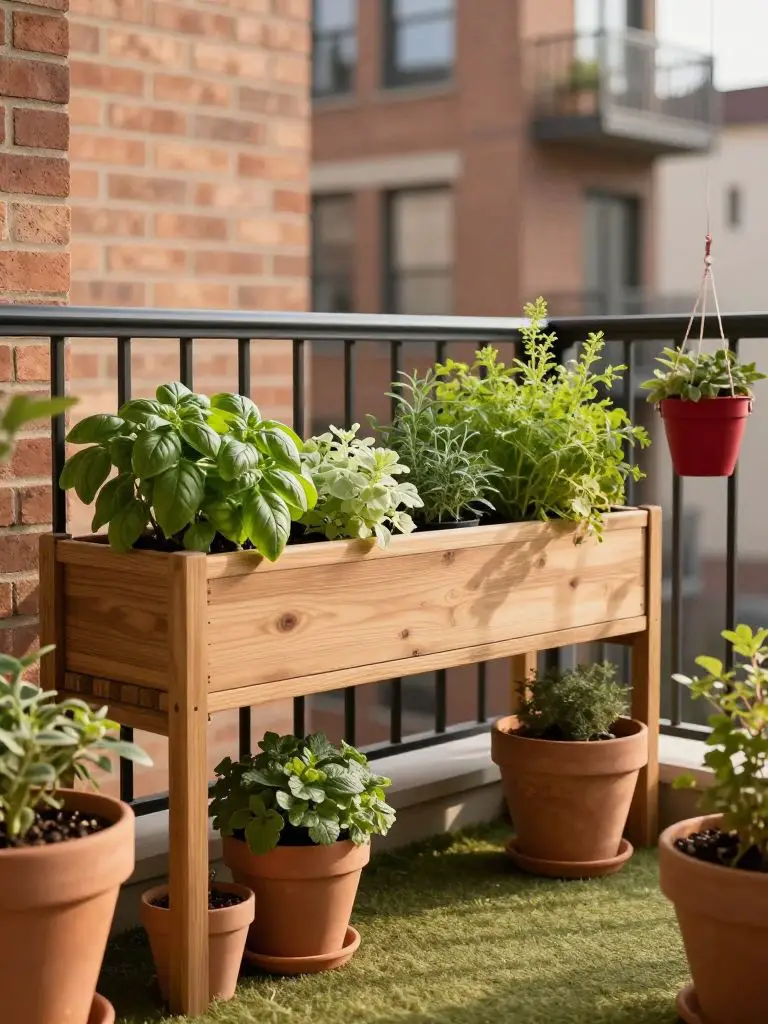 A compact apartment balcony garden styled in Modern Rustic with Warm Minimalist touches, showcasing raised wooden planter boxes lined along.