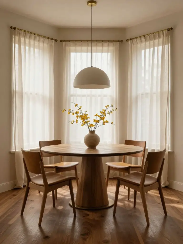 A charming modern earthy dining area centered in a bay window alcove in a Warm Minimalist style.