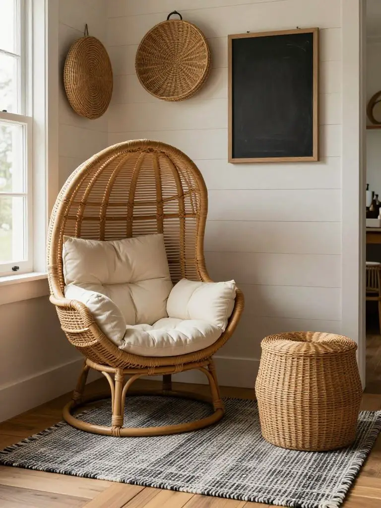 A cozy boho country corner nook featuring a sculptural rattan egg chair with plush cream cushions positioned left of center.