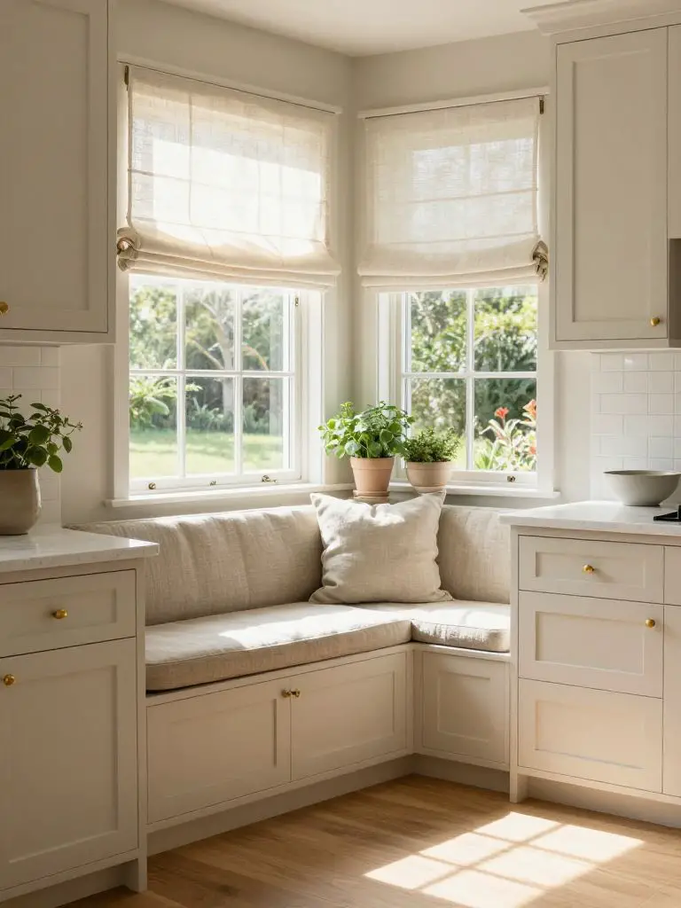 Charming kitchen remodel incorporating a built-in breakfast nook as the hero feature, positioned beneath large windows that flood the space.
