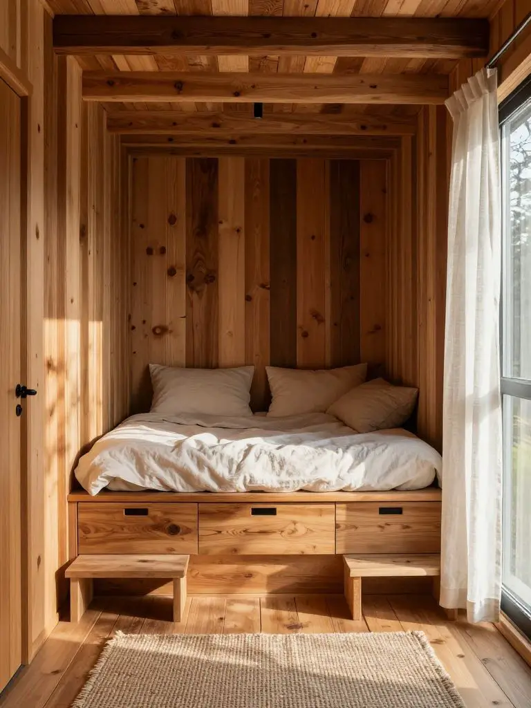 A cozy off grid tiny house sleeping nook built entirely from warm-toned reclaimed wood, styled in modern rustic cabin fashion.