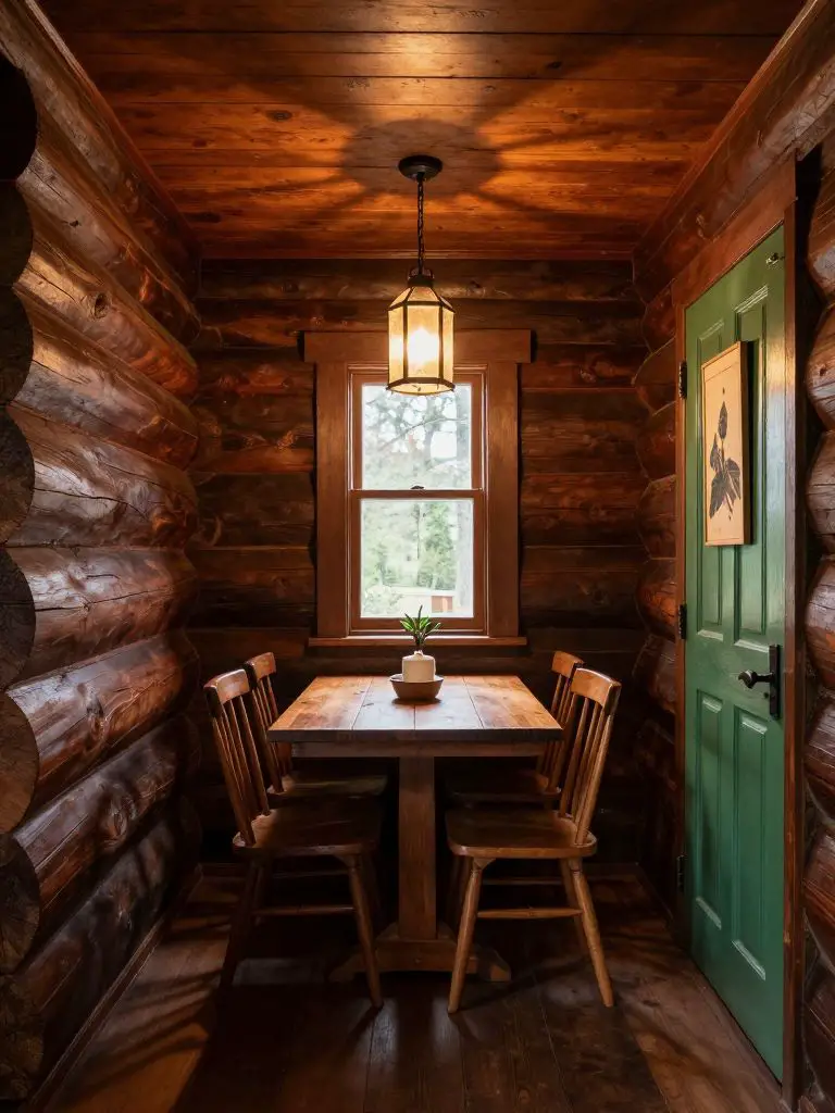 A cozy cabin dining nook set against dark-stained log walls with rich chestnut tones.