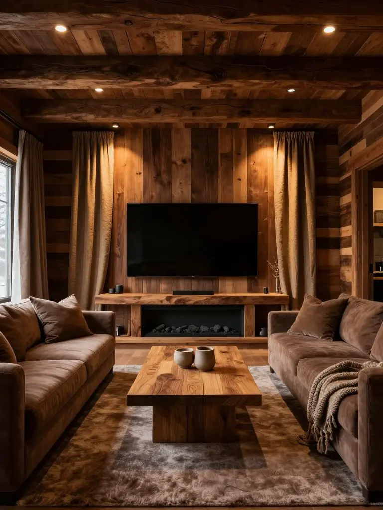 A cozy winter cabin decor media room designed in rich modern rustic style, featuring exposed timber beams, paneled wood walls in deep walnut.