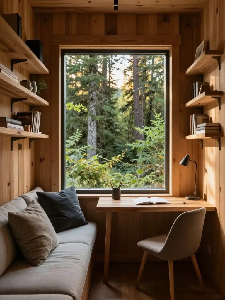 A cozy mountain cabin office nook built into a wood-paneled alcove with floor-to-ceiling shelving and a large picture window framing dense f.
