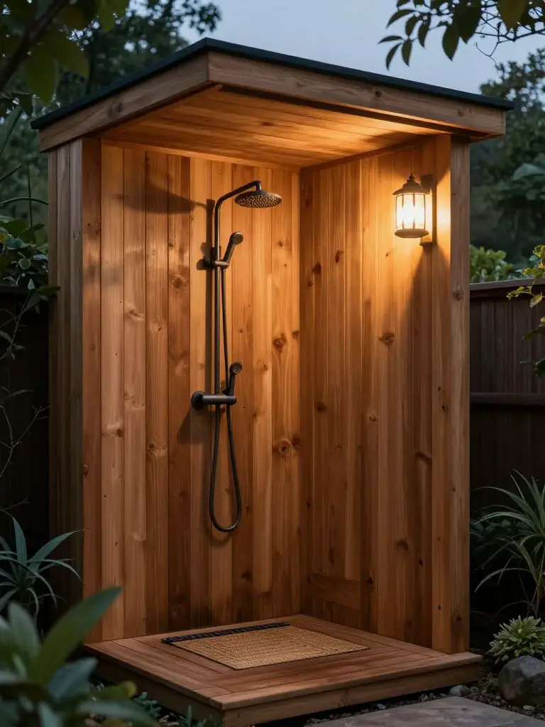 A cozy cabin-style off grid shower tucked beside a small wooden structure, designed in warm modern rustic fashion.