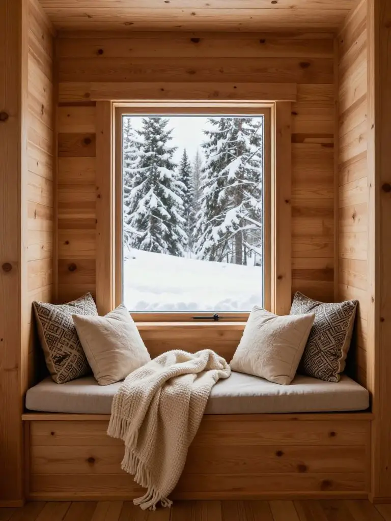 A built-in mountain cabin window seat framed in honey-toned wood paneling, styled as a cozy reading nook.