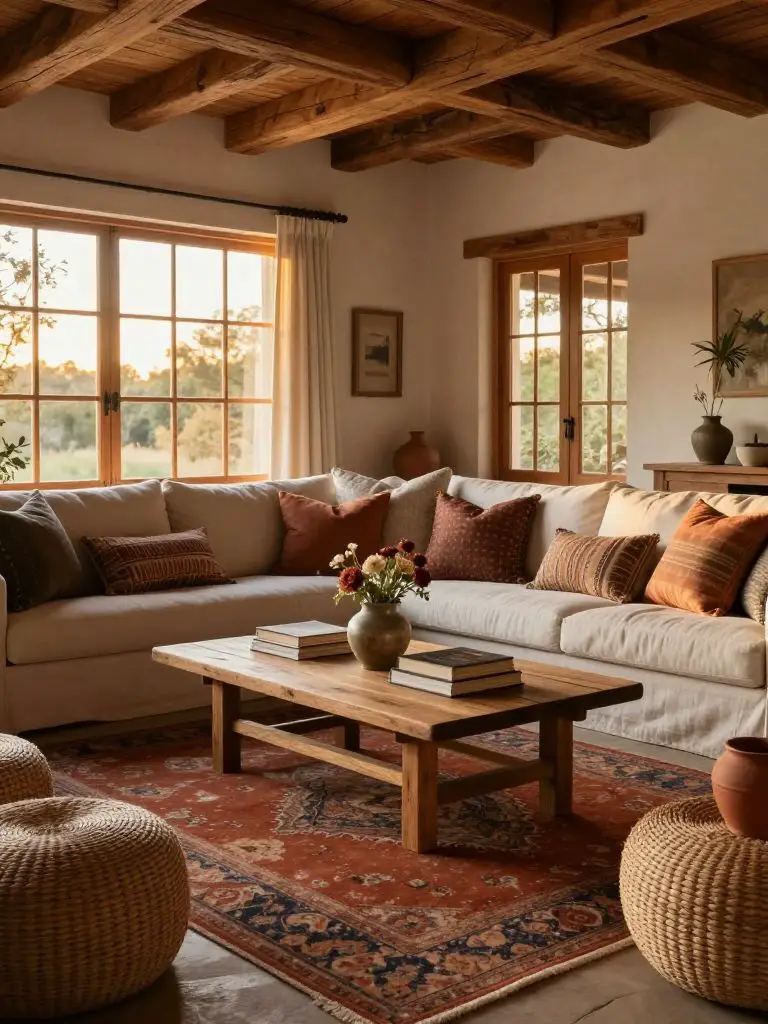 A collected cozy earthy living room with exposed wooden ceiling beams and warm wood-framed windows allowing golden afternoon light to flood.