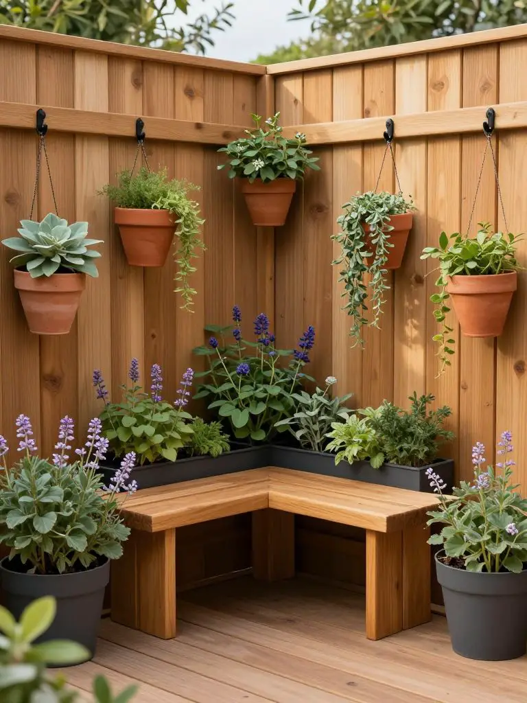 A compact backyard corner featuring a wooden slat fence lined with terracotta hanging pots and trailing greenery, styled in Warm Minimalist.