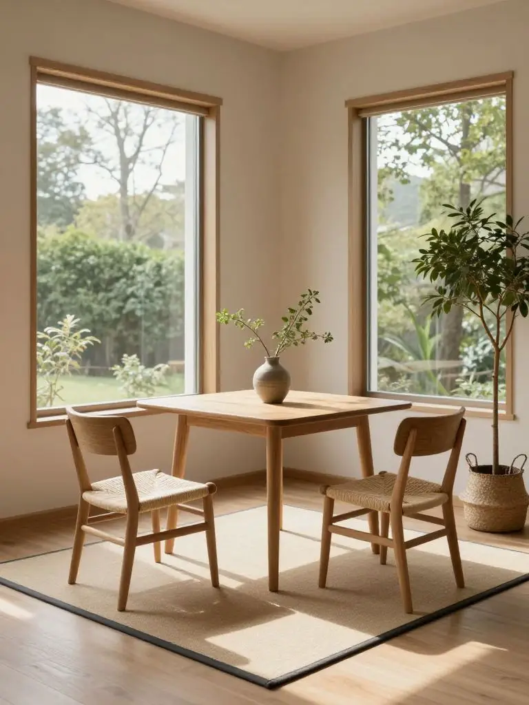 A cozy minimalist Japandi breakfast nook featuring a small square oak dining table placed near expansive corner windows.