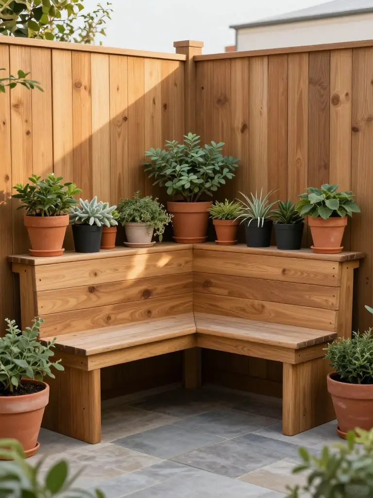 A cozy small patio corner garden featuring built-in wooden bench seating and horizontal plant shelves along a warm timber fence.