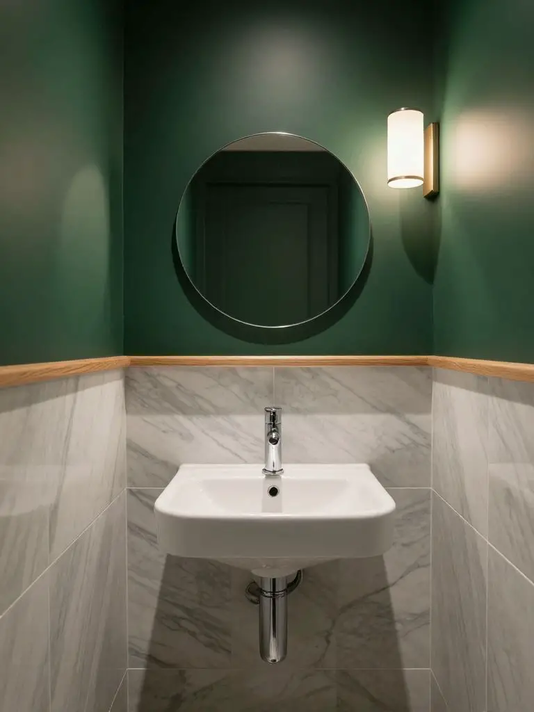 A cozy dark green bathroom corner styled with marble half-height wall tiles and deep painted upper walls.