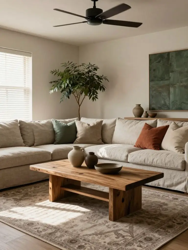 A cozy modern earthy living room layered with textured textiles and warm wood tones.