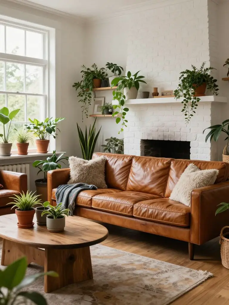 A cozy eco friendly living room blending reclaimed leather seating with abundant indoor greenery.