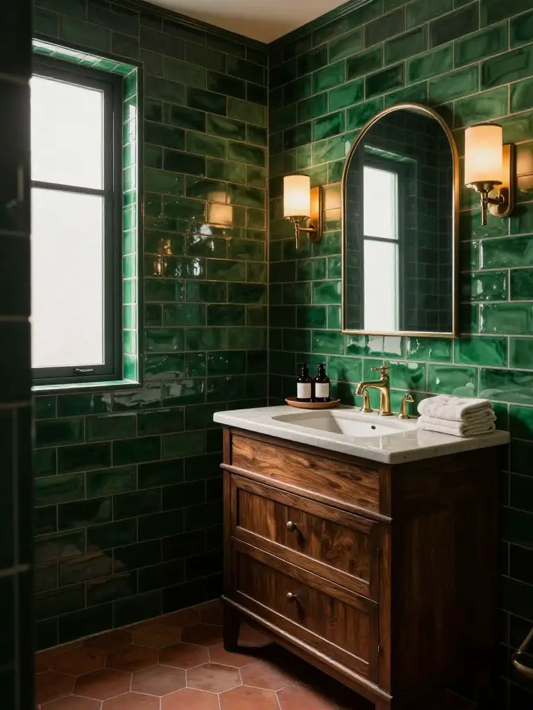 A cozy emerald green powder room featuring glossy emerald subway tile walls and darker green mosaic tile wainscoting.