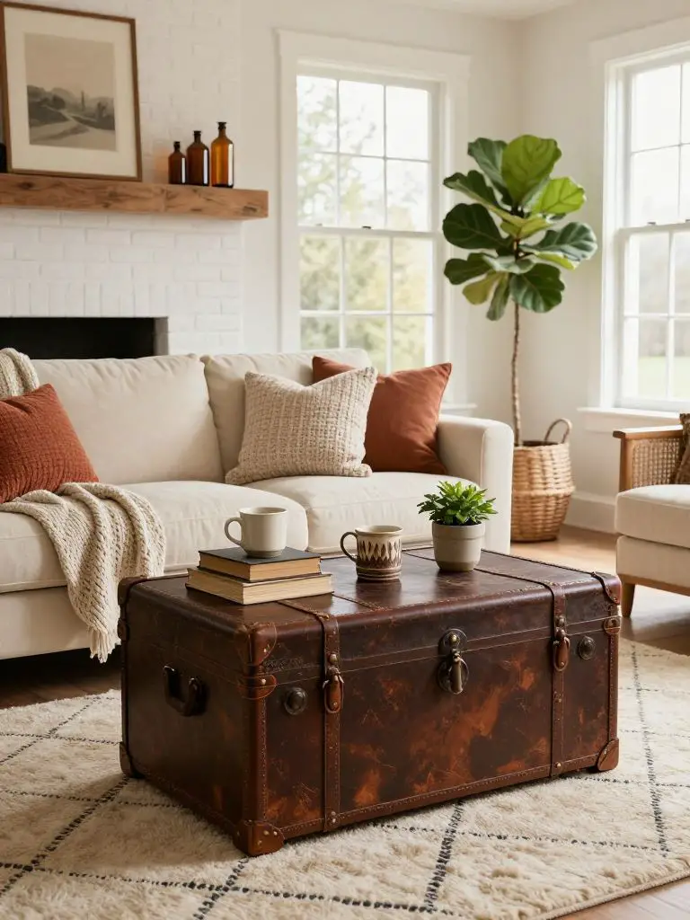 A cozy farmhouse boho living room centered around a vintage leather-trimmed trunk used as a coffee table.