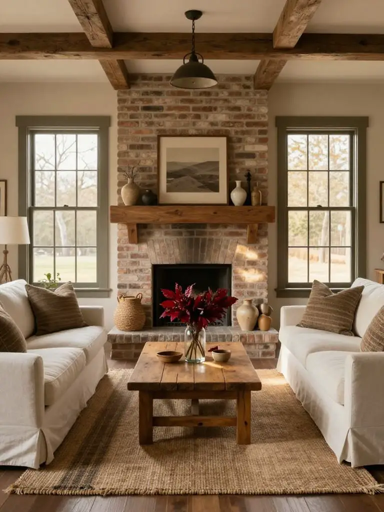 A cozy fireplace-centered rustic living room designed in Warm Farmhouse style.