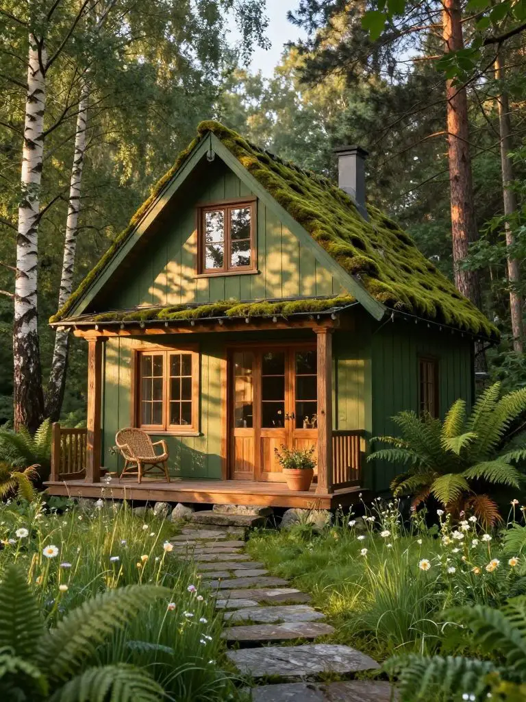 Capture a cozy green cottage nestled amidst a lush, forested landscape, its moss-covered pitched roof blending seamlessly with the surroundi.