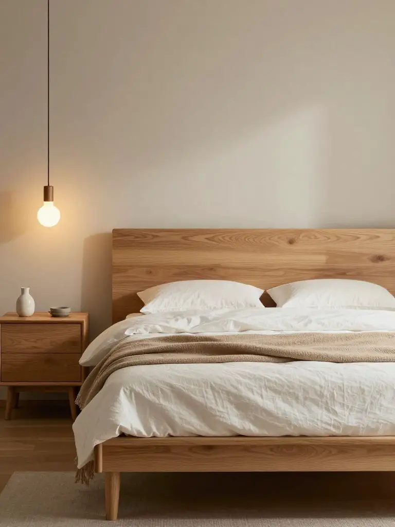 A cozy Japanese Scandinavian bedroom anchored by a low solid oak bed frame centered in the composition.