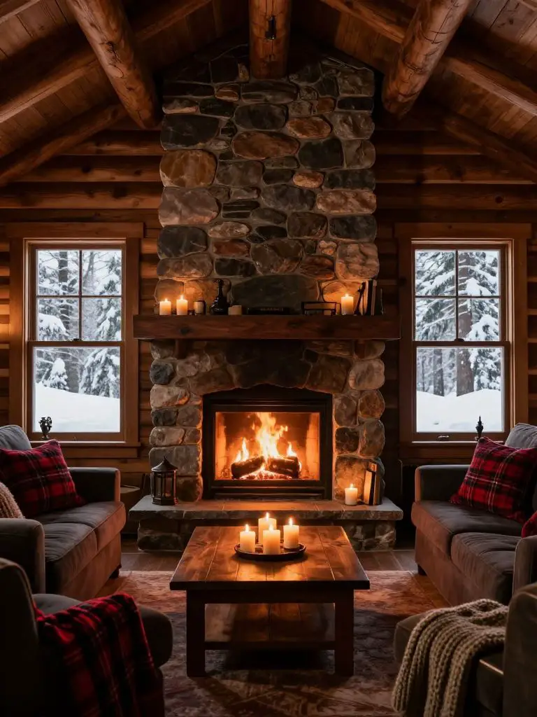 A cozy log cabin living room centered around a traditional stone fireplace glowing warmly against rich wood-paneled walls.
