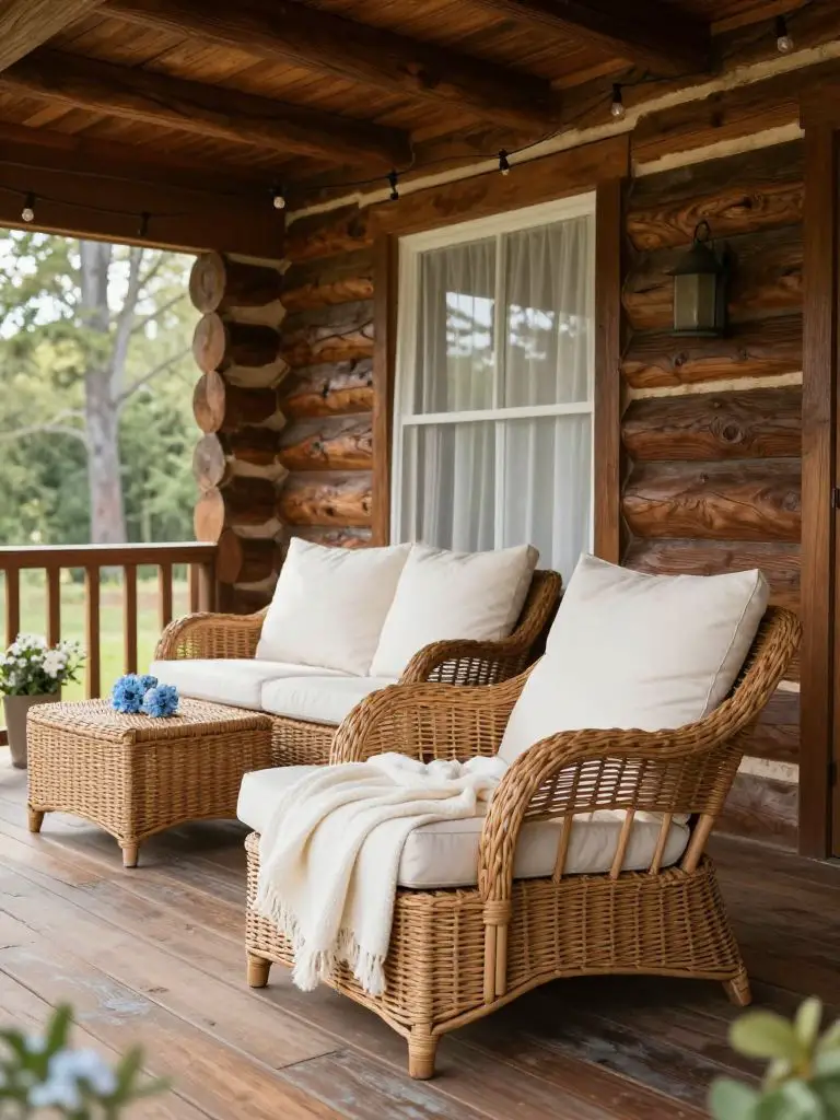 A covered log cabin porch styled with relaxed cabin decorating ideas in a rustic cottage aesthetic.