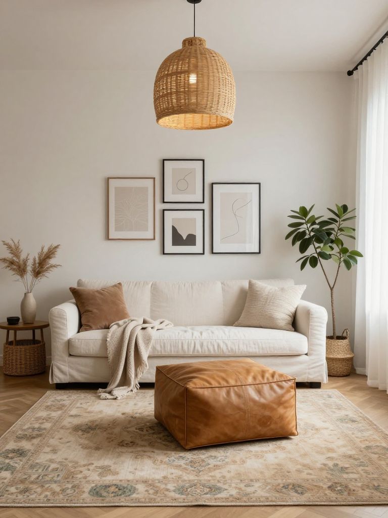A cozy minimalist neutral living room featuring woven textures and layered warmth in a Modern Rustic aesthetic.