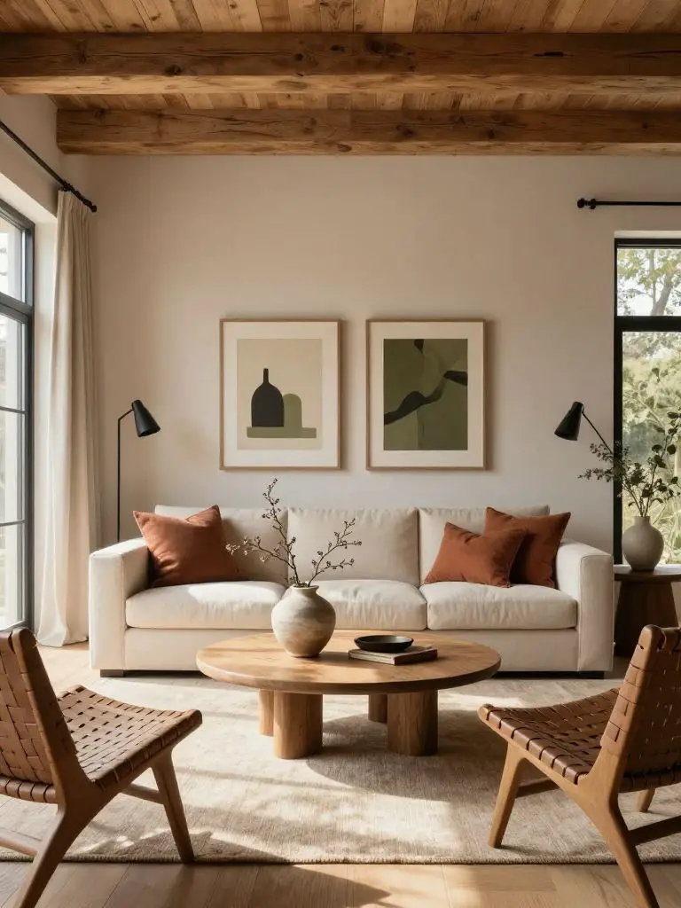 A cozy modern earthy living room with exposed wood ceiling beams and layered neutral textiles in a Warm Minimalist + Modern Rustic blend.