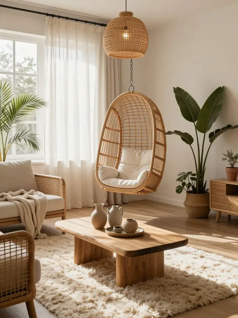 A cozy neutral living room designed in a boho-meets-minimalist aesthetic, featuring a rattan hanging swing chair as the hero focal point nea.