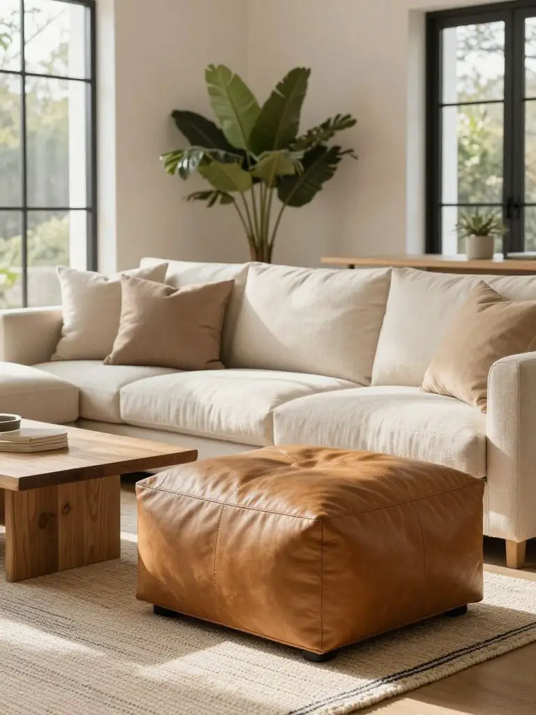 A cozy neutral minimalist living room featuring a plush cream sofa paired with a warm caramel leather ottoman centered in the foreground.
