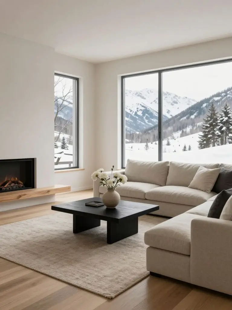 A cozy stylish minimalist living room with a neutral L-shaped linen sofa positioned to face expansive windows framing snowy mountain views.