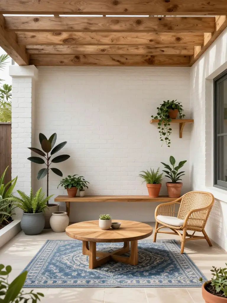 A compact pergola-covered patio styled in Warm Minimalist and Modern Rustic design, featuring exposed cedar beams overhead and white-painted.