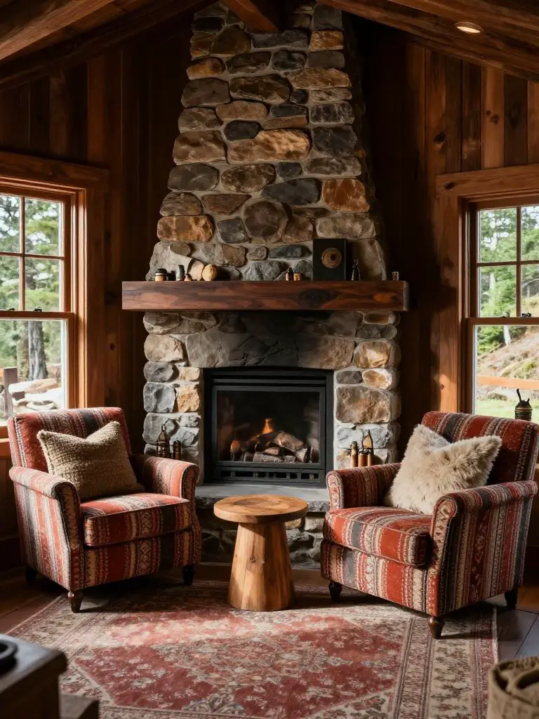 A cozy mountain cottage reading nook wrapped in rich wood paneling and anchored by a stone fireplace.
