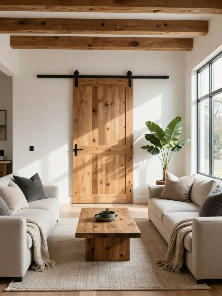 A cozy modern rustic living room featuring a sliding barn door with black metal hardware mounted against a crisp white wall beneath exposed.