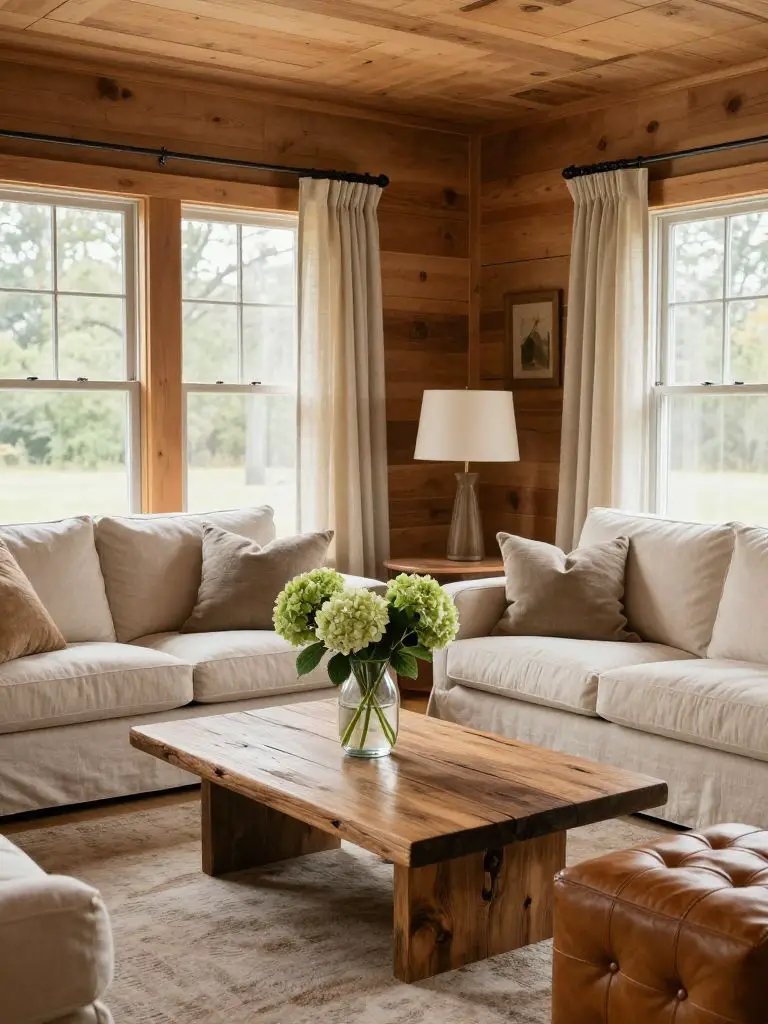 A cozy rustic living room in Cabin Rustic style featuring warm natural wood paneling on walls and ceiling.