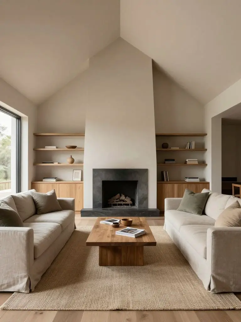 A cozy vaulted ceiling minimalist living room styled in Warm Minimalist with symmetrical layout.