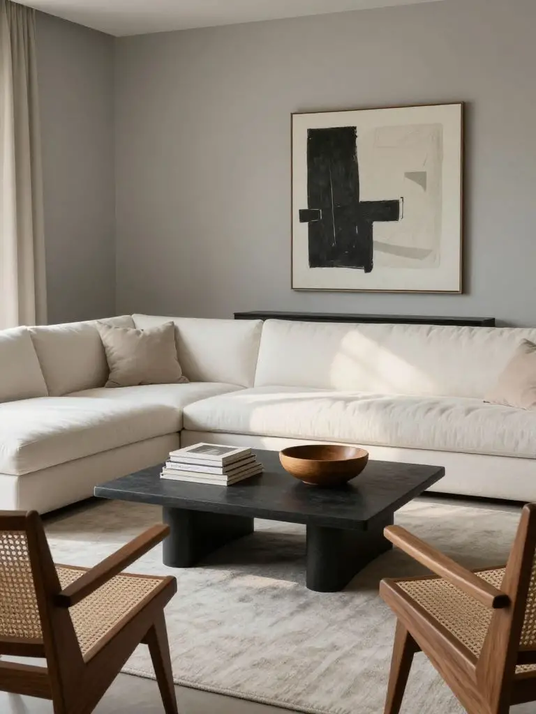 A cozy stylish minimalist living room anchored by a plush white sectional positioned against soft gray walls.