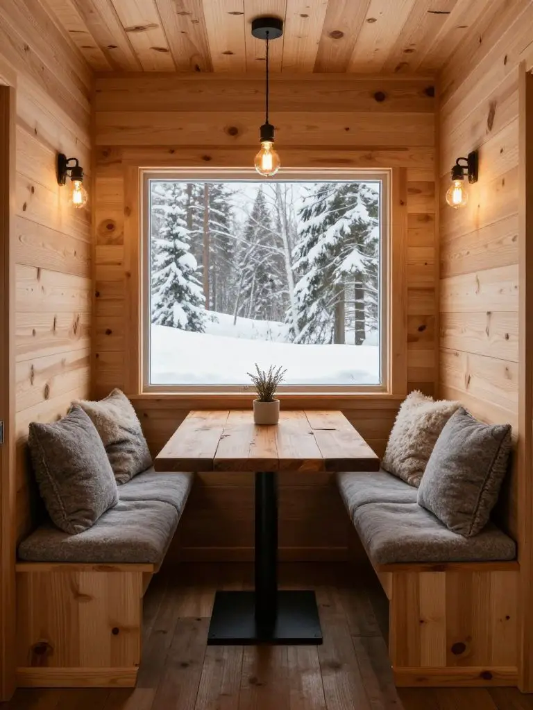 A cozy winter tiny cabin dining nook designed in Warm Minimalist Rustic style, wrapped in natural pine planks with visible knots and grain v.