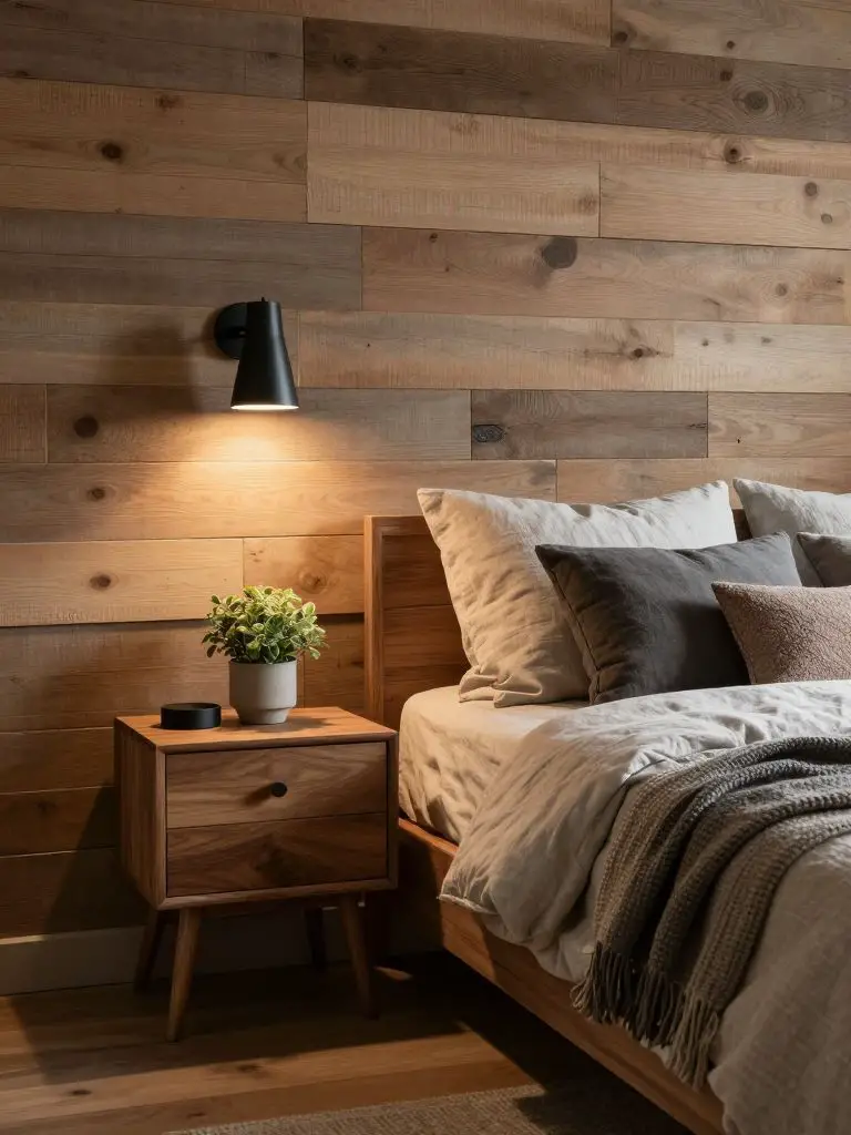 A cozy modern rustic bedroom corner with horizontal reclaimed wood plank walls and a solid wood nightstand beside a layered linen bed.