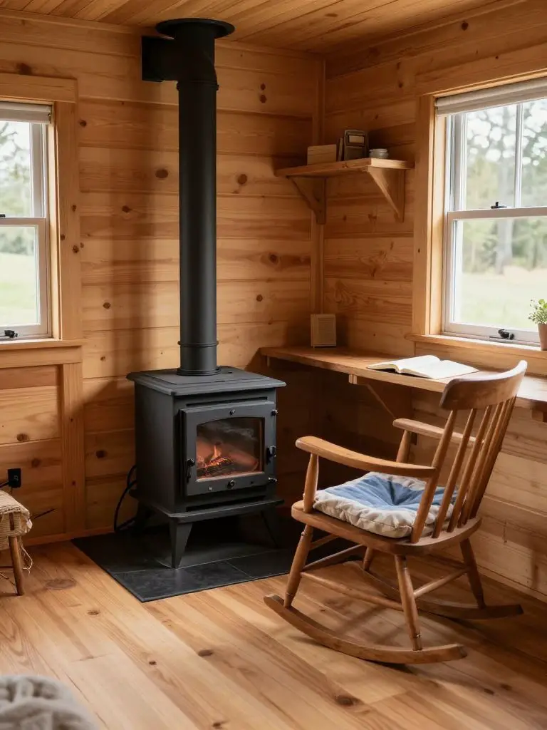 A cozy off grid tiny house reading corner centered around a compact black cast iron wood stove in a fully wood-paneled cabin interior.