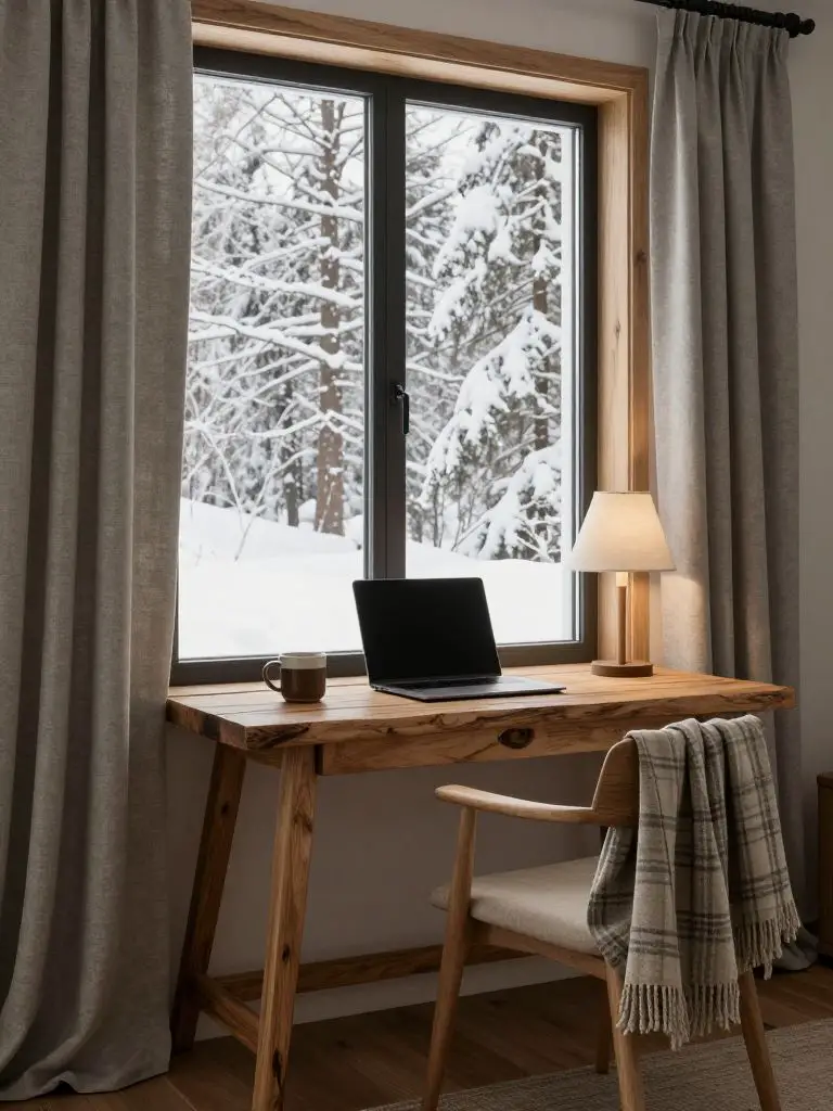 A cozy winter cabin workspace styled in warm modern rustic design, centered around a small reclaimed wood desk positioned in front of a tall.