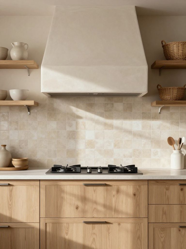 A cream and sand earthy kitchen defined by a textured square tile backsplash in soft beige and chalky ivory tones.