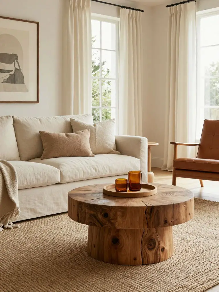 A refined cozy earthy living room featuring a cream linen sofa paired with a round reclaimed wood stump coffee table positioned centrally on.
