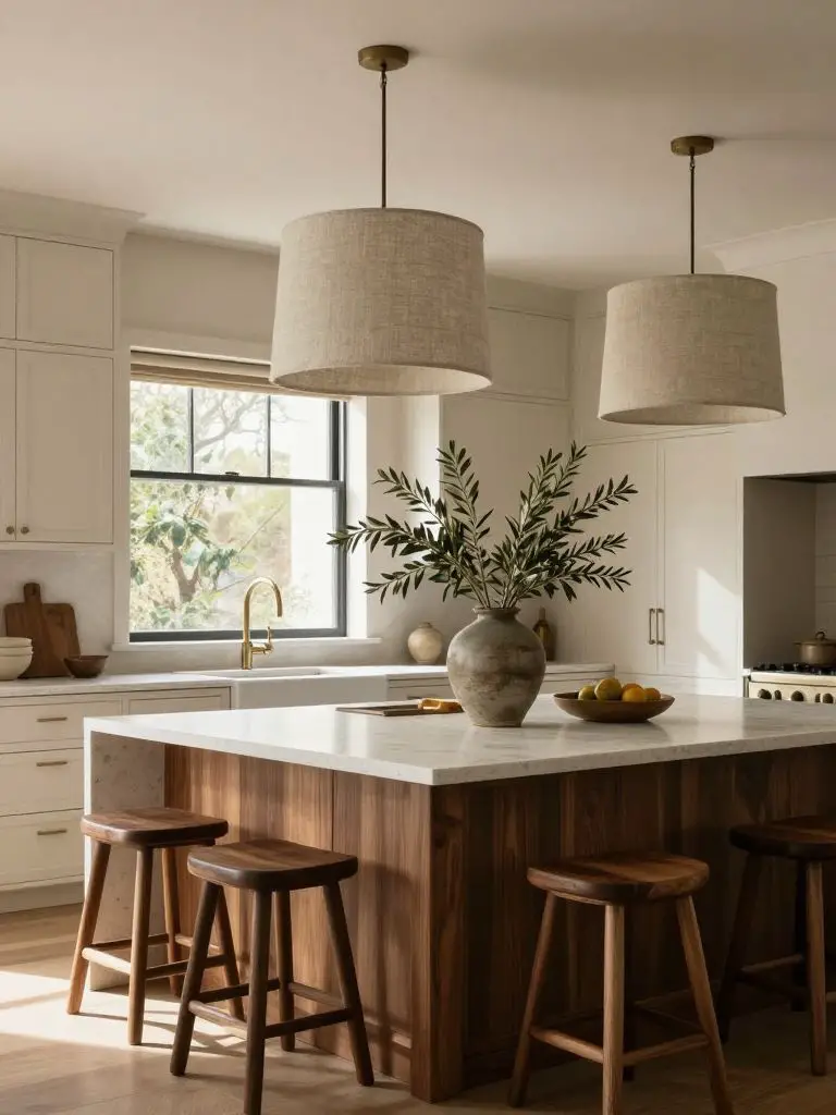 A refined modern earthy kitchen in a Warm Minimalist + Modern Rustic style featuring creamy shaker cabinetry paired with a rich walnut islan.