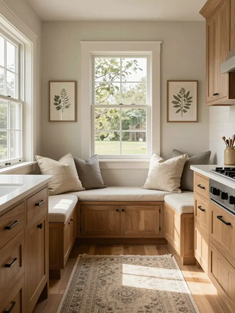 A cozy breakfast nook integrated into a modern farmhouse kitchen renovation featuring a built-in L-shaped wooden bench beneath a large windo.