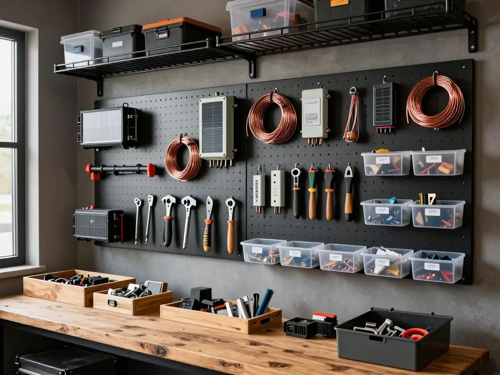 Interior photograph of an organized utility room in modern rustic style, featuring a wall-mounted pegboard system in matte black holding bac.