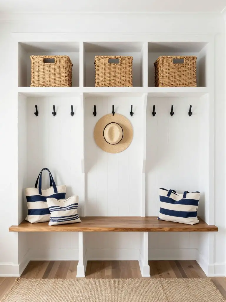 A bright coastal-inspired mudroom with tailored built-in cubbies painted crisp white, featuring vertical beadboard backing and matte black h.