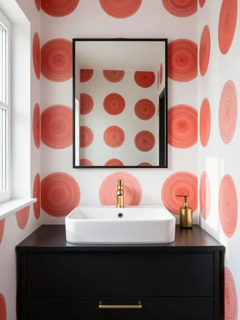 A bold contemporary bathroom with graphic flair, featuring white walls adorned with large coral-red circular tree-ring patterns.