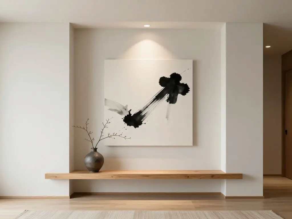 interior photograph of tokonoma-inspired focal wall in Japanese minimalist living room, single recessed alcove with one piece of beautiful b.