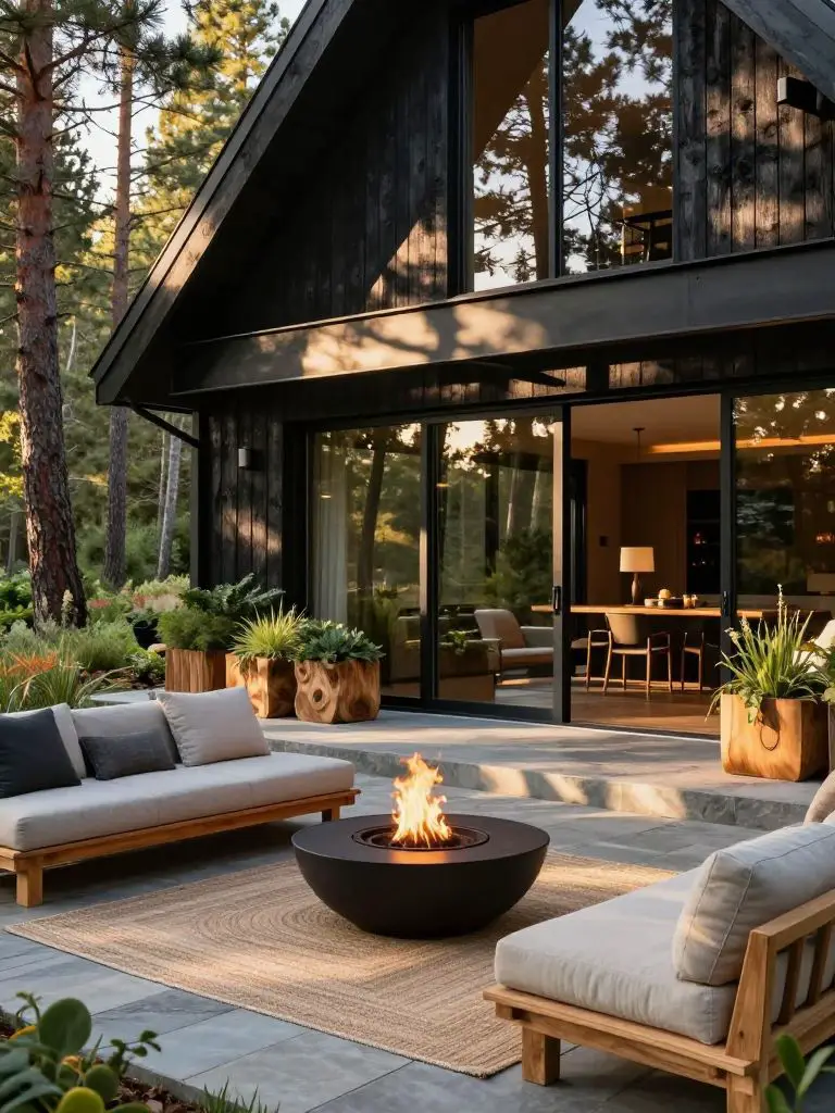 A sophisticated photograph frames a modern rustic cabin’s outdoor living room, defined by a stone-paved terrace with low-slung teak lounge s.
